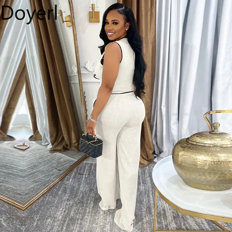 Doyerl Vintage Elegant 2 Piece Sets Woman Outfit Workwear Patchwork Double-breasted Vest Top and Wide Leg Pants Matching Sets Purplish Diva