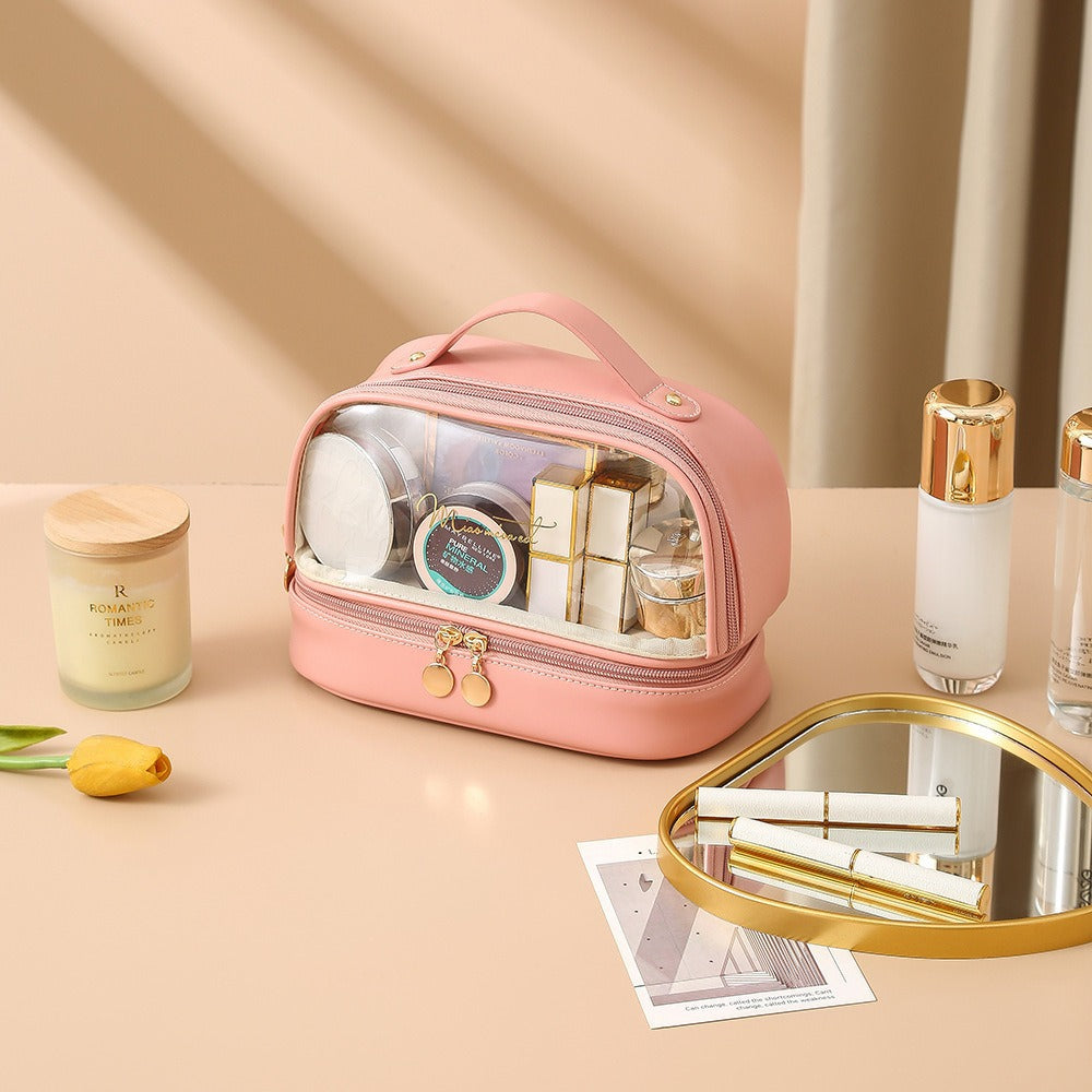 Transparent double layers cosmetic bag, travel large-capacity portable storage bag, PVC waterproof handbag cosmetic toilet bag, transparent makeup purse,Makeup bag with compartments, - SJB-DIAMOND ELITES