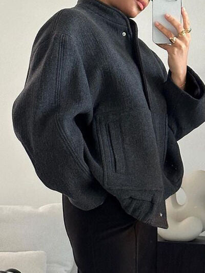 Autumn Casual Full Size Drop Shoulder Snap Down Jacket with Buttoned Front and Pockets Stevvex