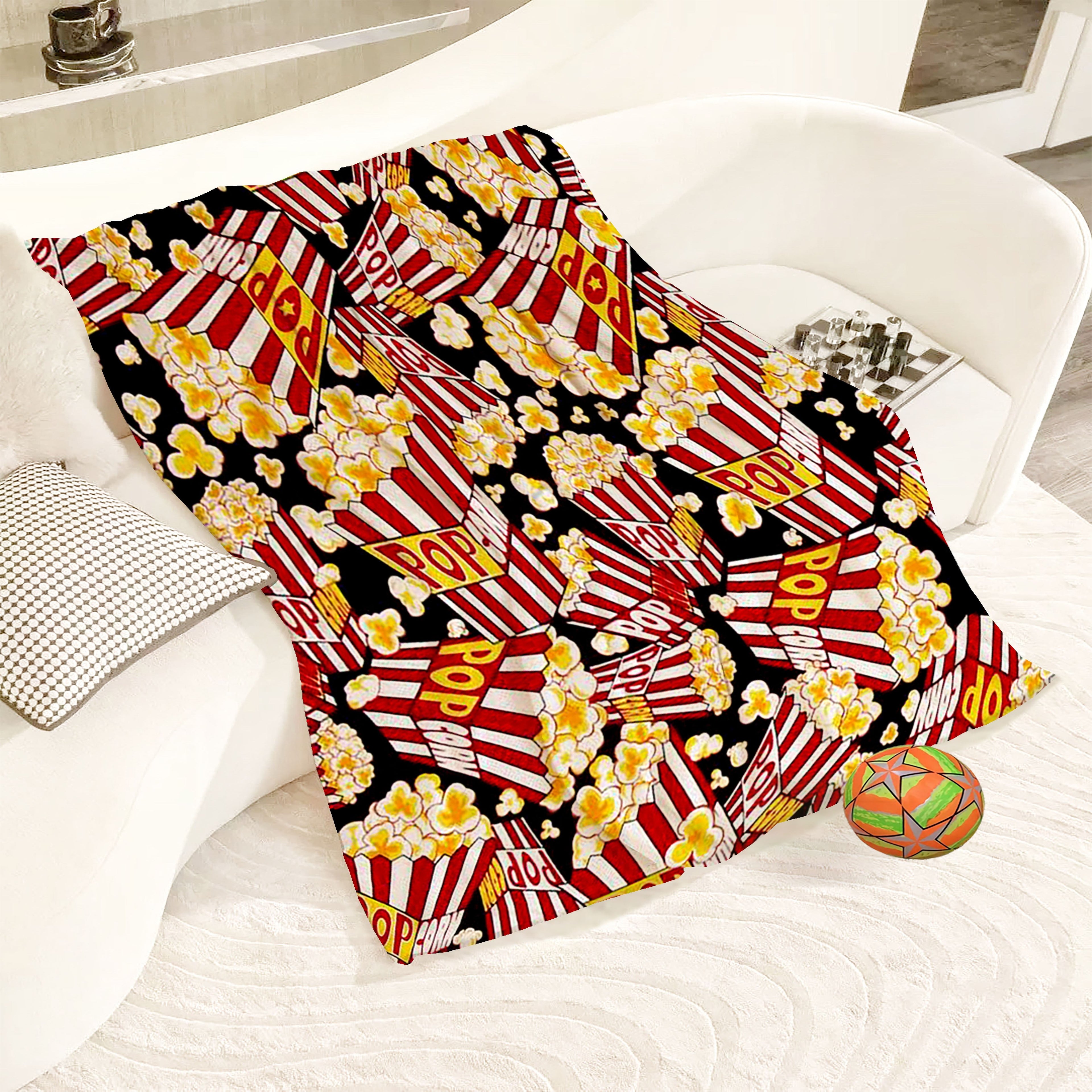 1pc Cozy Cinema Popcorn Blanket - Soft Breathable Flannel Plush, Retro Food Print Design, Suitable for Bed, Sofa, Office, Camping, and Outdoor Use - Machine Washable, Lightweight, and Warm Lootquake LLC