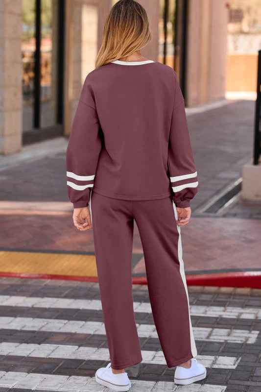 Varsity Stripe Pullover and Drawstring Pant Set THRIXINE