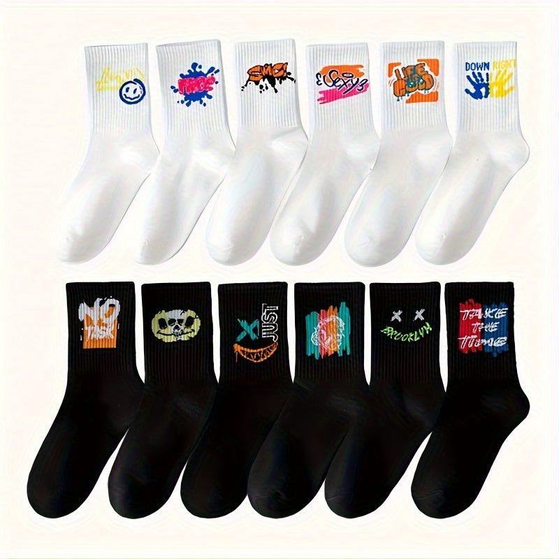 3/6/8/10/12 Pairs Of Medium Length Socks With Graffiti And Spray Painting For Personalized Fashion, Comfort, And Durability Lootquake LLC