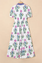 Blue Floral Ruffle Hem Pop of Color Neckline Dress