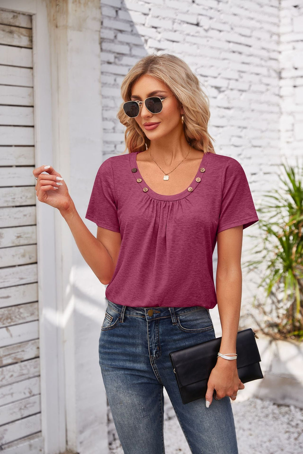 Women's Short-sleeved T-shirt Summer Button Square Collar Pleated Design Solid Color Loose T-shirt Womens Clothing Pi-Mart