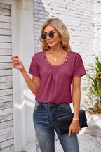 Women's Short-sleeved T-shirt Summer Button Square Collar Pleated Design Solid Color Loose T-shirt Womens Clothing Pi-Mart