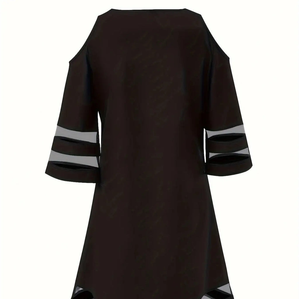 Ladies' Abstract Printed Color Blocked Off Shoulder Contrasting Mesh Casual Dress - SJB-DIAMOND ELITES