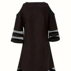 Ladies' Abstract Printed Color Blocked Off Shoulder Contrasting Mesh Casual Dress - SJB-DIAMOND ELITES
