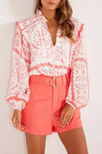 Desert Flower Vintage Print Smocked Poet Collar Blouse | Femstylo