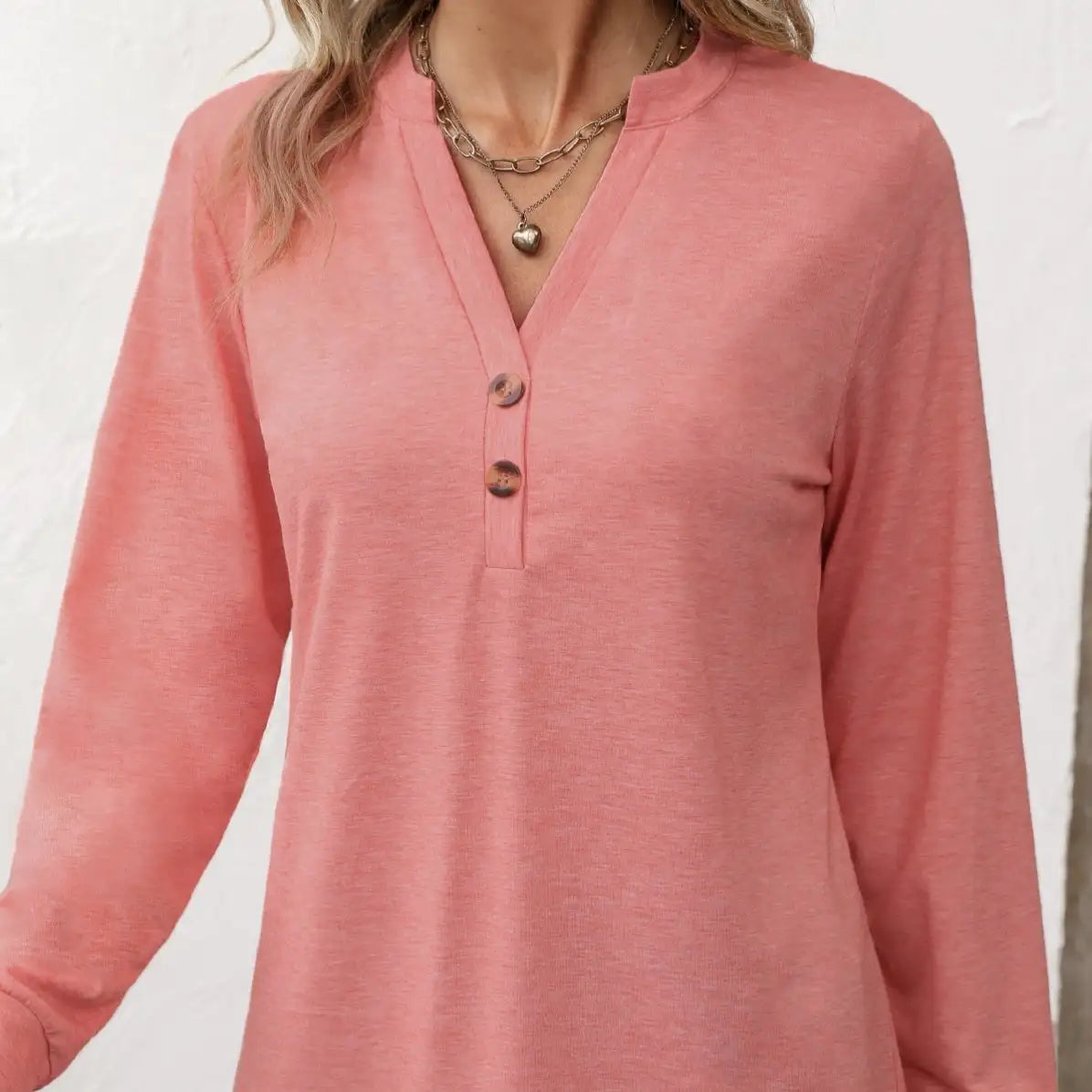Ladies' Fashion New Button Peach Red Open Neck T-shirt Casual Top - SJB-DIAMOND ELITES