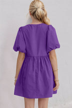 Elegant Ruched Puff Sleeve Mini Dress Vintage Bow Detail Cute Short Dress for Women