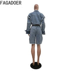 FAGADOER Summer New Fashion Denim 2 Piece Sets Woman Outfit Long Sleeves Patchwork Crop Jacket + Short Female Streetwear New Purplish Diva