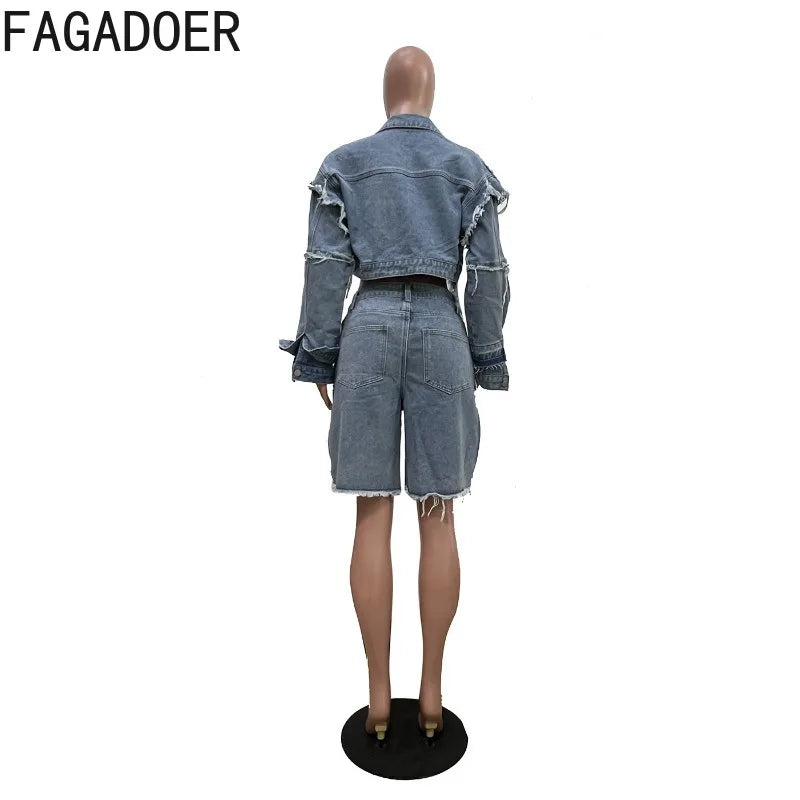 FAGADOER Summer New Fashion Denim 2 Piece Sets Woman Outfit Long Sleeves Patchwork Crop Jacket + Short Female Streetwear New Purplish Diva