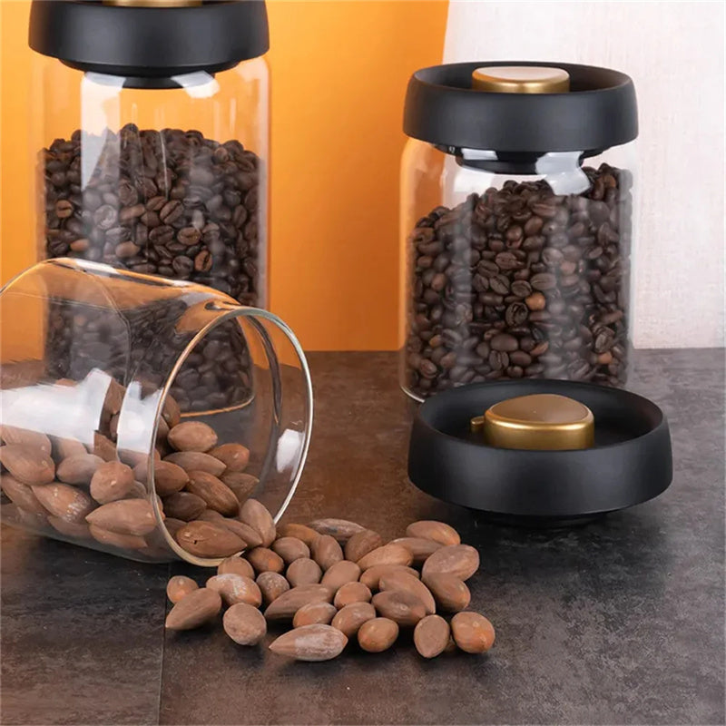 Vacuum Sealed Jug Set Black Coffee Beans Glass Airtight Canister Kitchen Food Grains Candy Keep Good Storage Jar Set Kitchen Gadgets Pi-Mart