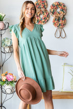 Full Size Short Sleeve V Neck Ruffled Hem Dress For Summer – Feminine Ruffled Hem Dress, Chic V Neck Dress, Stylish Short Sleeve Dress, Elegant Ruffled Dress, Flattering Ruffled Hem Dress, Comfortable V Neck Dress, Versatile Short Sleeve Dress