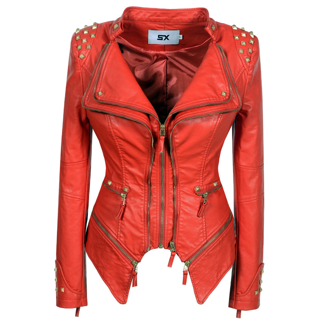 Women's Rivet Slim Washed Leather Motorcycle Jacket Pi-Mart