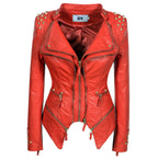 Women's Rivet Slim Washed Leather Motorcycle Jacket Pi-Mart