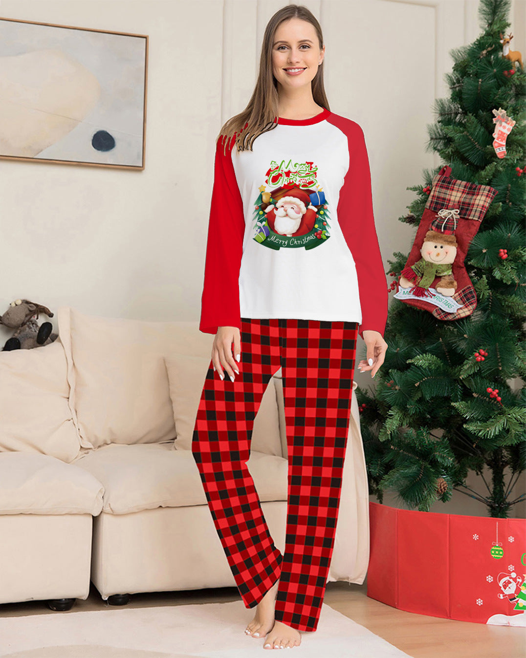 Parent-Child Clothes Set Long Sleeve T-Shirt Plaid Pants Family Matching Pajamas Pi-Mart