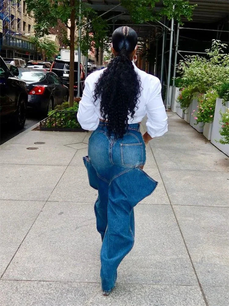 Hollow Elastic Women Demin Jeans High Waist Pockets Causal Vintage Bottoms Female Fashion Y2K Streetwear Clothing Purplish Diva