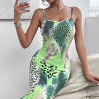 Ladies' Leopard Print Cross Shoulder Strap Backless Dress With A Banquet Vibe, Out Of The Street Fashion Bag Arm Long Skirt - SJB-DIAMOND ELITES