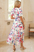 Sky Blue Abstract Print Short Puff Sleeve Tiered Maxi Dress