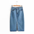 Split Hem Denim Skirt, Bodycon Denim Midi Skirt