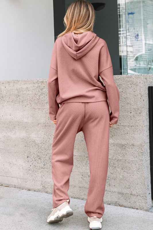 Solid Corduroy Lace Hoodie and Pants Set THRIXINE