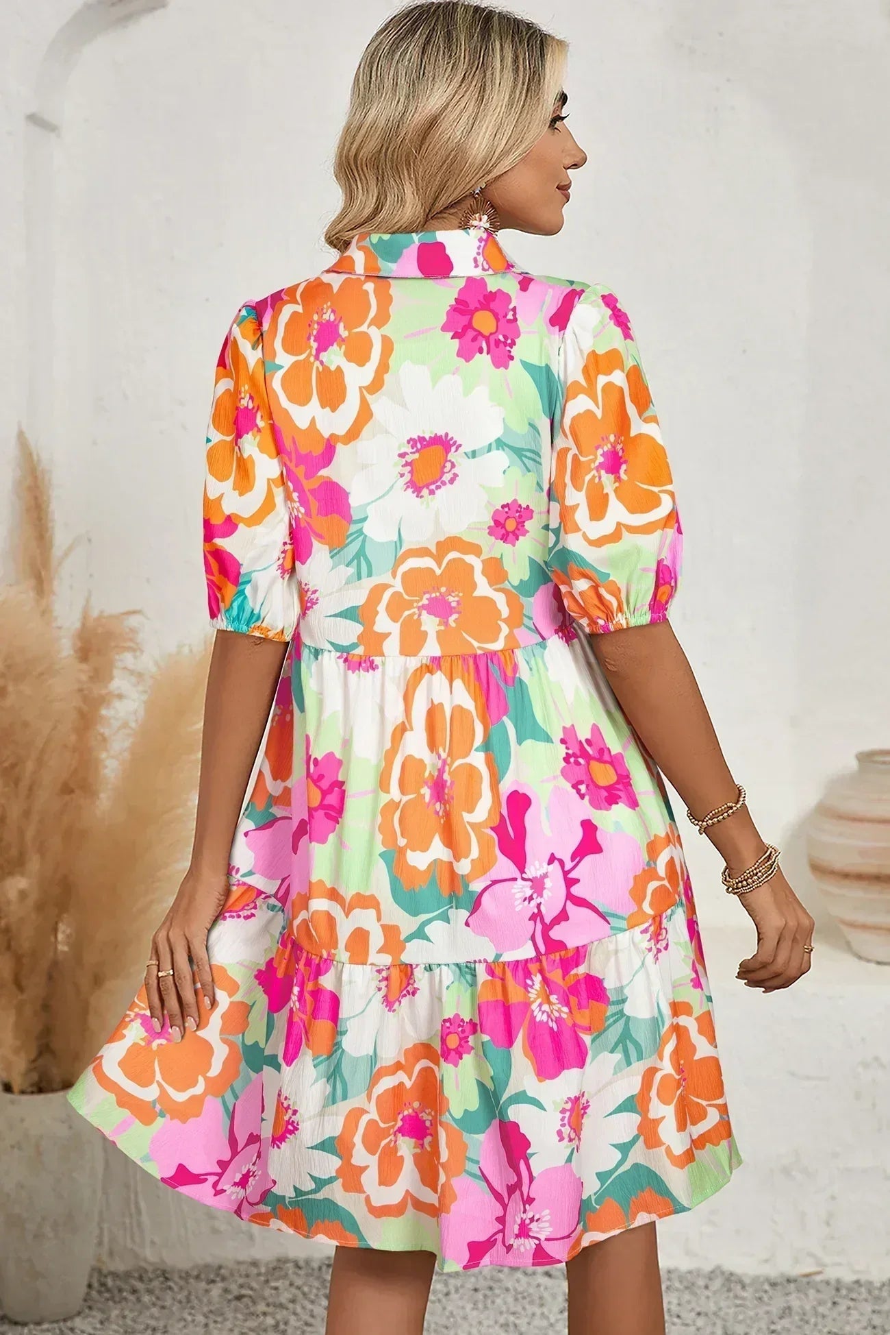 Green Floral Puff Sleeve Buttoned Babydoll Dress