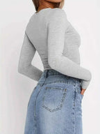 Solid Color Round Neck Long Sleeve T-Shirt THRIXINE