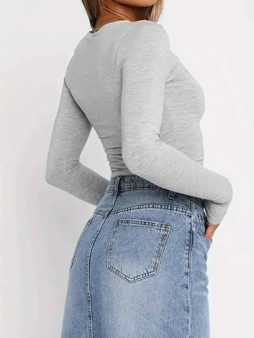 Solid Color Round Neck Long Sleeve T-Shirt THRIXINE