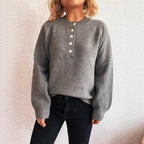 Women's Solid Color Buttons Casual Knitted Round Neck Long Sleeve Warm Sweater