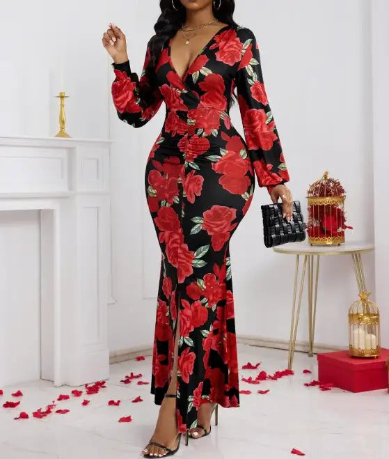 Ladies' V-neck Floral Print Fashionable Hip Hugging Dress - SJB-DIAMOND ELITES