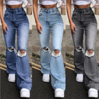 Women's Spring and Fall New Fashion Casual Ripped High-waisted Slightly Flared Pants Jeans Slim-fit Wash Jeans Long Pants Y2k Purplish Diva