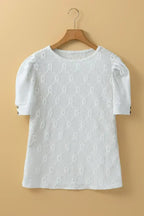 White Embroidered Floral Geometric Button Short Sleeve Top | Femstylo