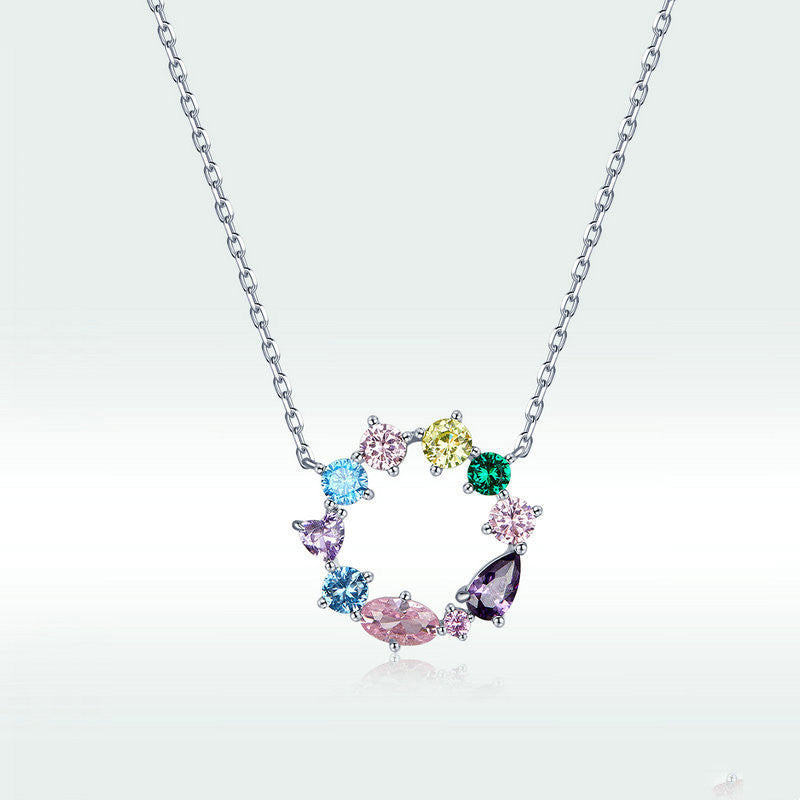 Silver Charm Original S925 Sterling Silver Colorful Wreath Necklace Pi-Mart