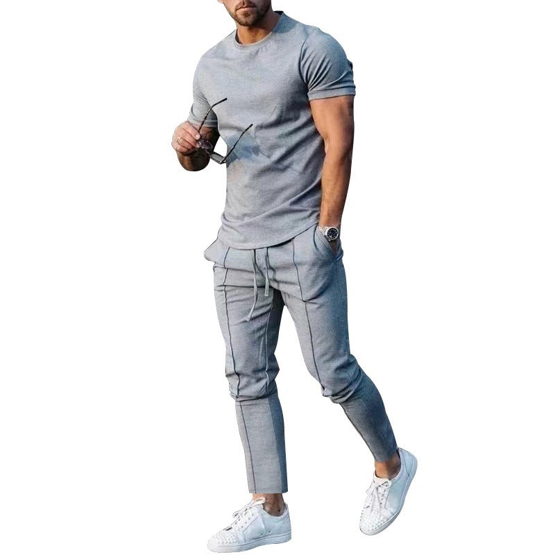 Solid Color Casual Round Neck Short Sleeves T-shirt Trousers Two-piece Set Lootquake LLC