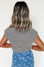 Black Stripe Ribbed Cap Sleeve Round Neck T Shirt