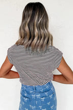 Black Stripe Ribbed Cap Sleeve Round Neck T Shirt