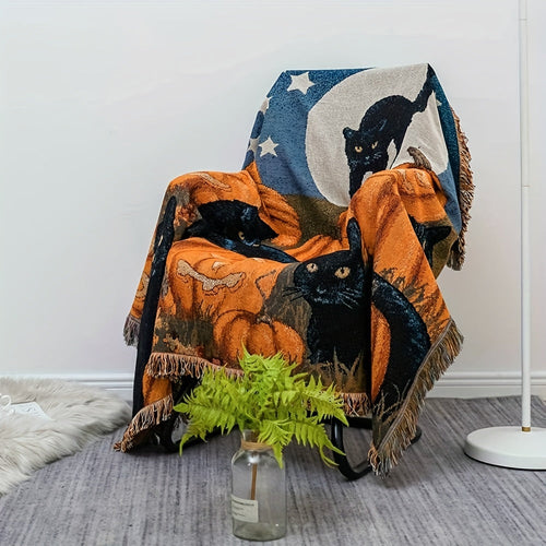 1pc Halloween Blanket Sofa Blanket Fringe Throw Blanket 100% Cotton Lightweight For Chair Sofa Couch Bed Cover Fit Home Cozy Knit Blankets Lootquake LLC