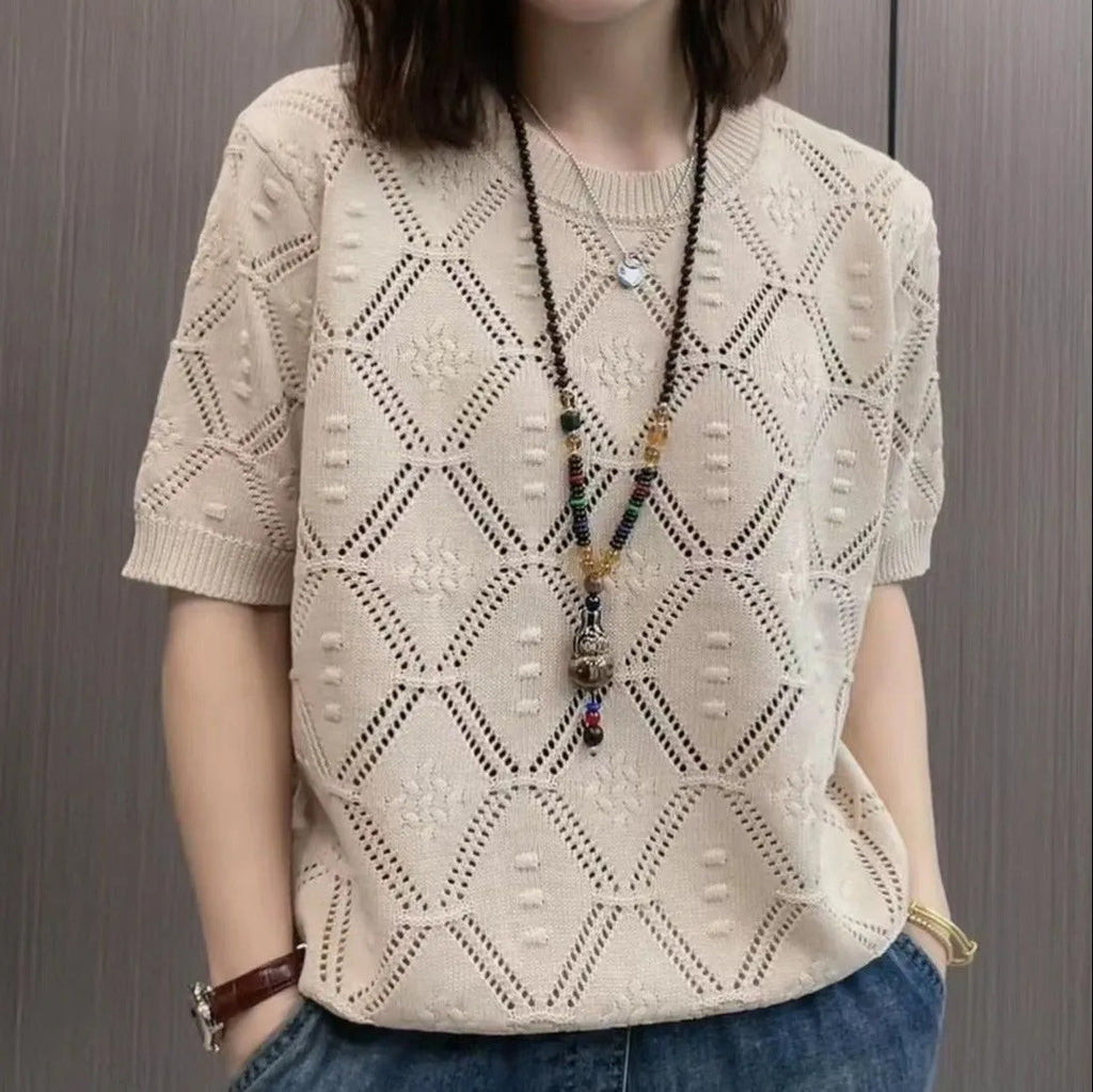 Summer Knitwear Women's Thin Short Sleeve Round Neck Sweater Lootquake LLC