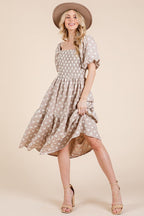 New Floral Embroidered Smocked Puff Sleeve Tiered Midi Dress For Women Elegant,Charming and Feminine Floral Embroidered Midi Dress with Puff Sleeves and Tiered Design