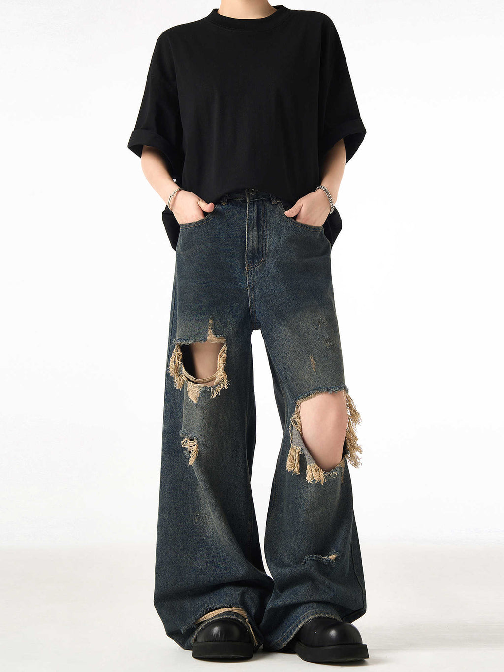 Couple Hole Worn Jeans Wide-leg Pants Lootquake LLC