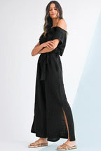 Black Checkered Mesh One Shoulder Short Sleeve Knotted Waist Jumpsuit