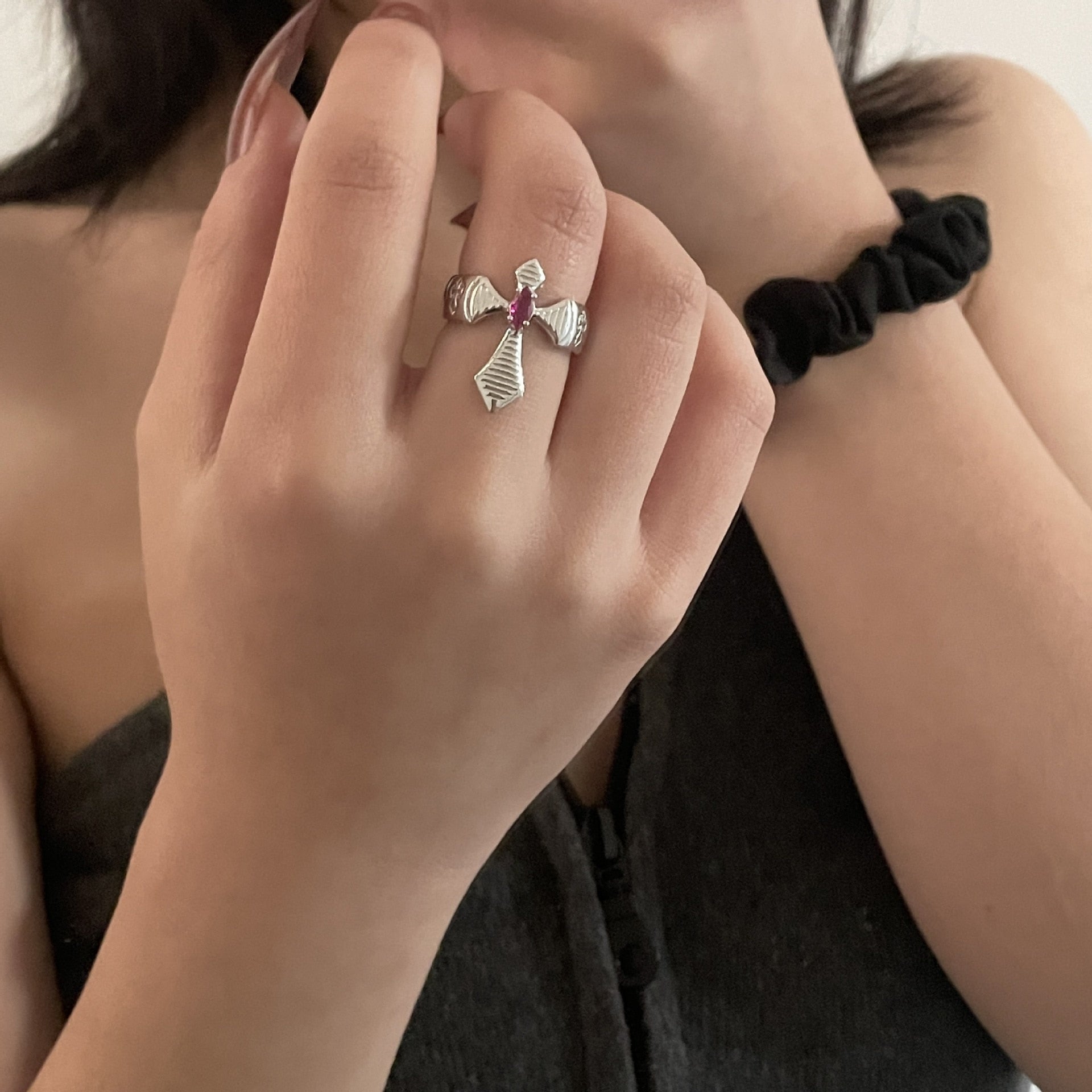 Red Zircon Cross Open Ring Pi-Mart