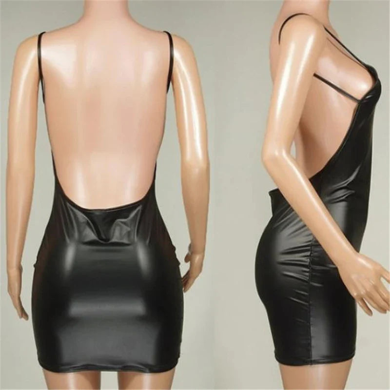 Sexy Faux Leather Dress Backless Club Party Short Dress Solid Black Wet Look Latex Bodycon Push Up Bra Mini Micro Dress Purplish Diva