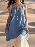 Fashion Sleeveless Cotton Linen Solid Color And V-neck Beach Dress Lootquake LLC