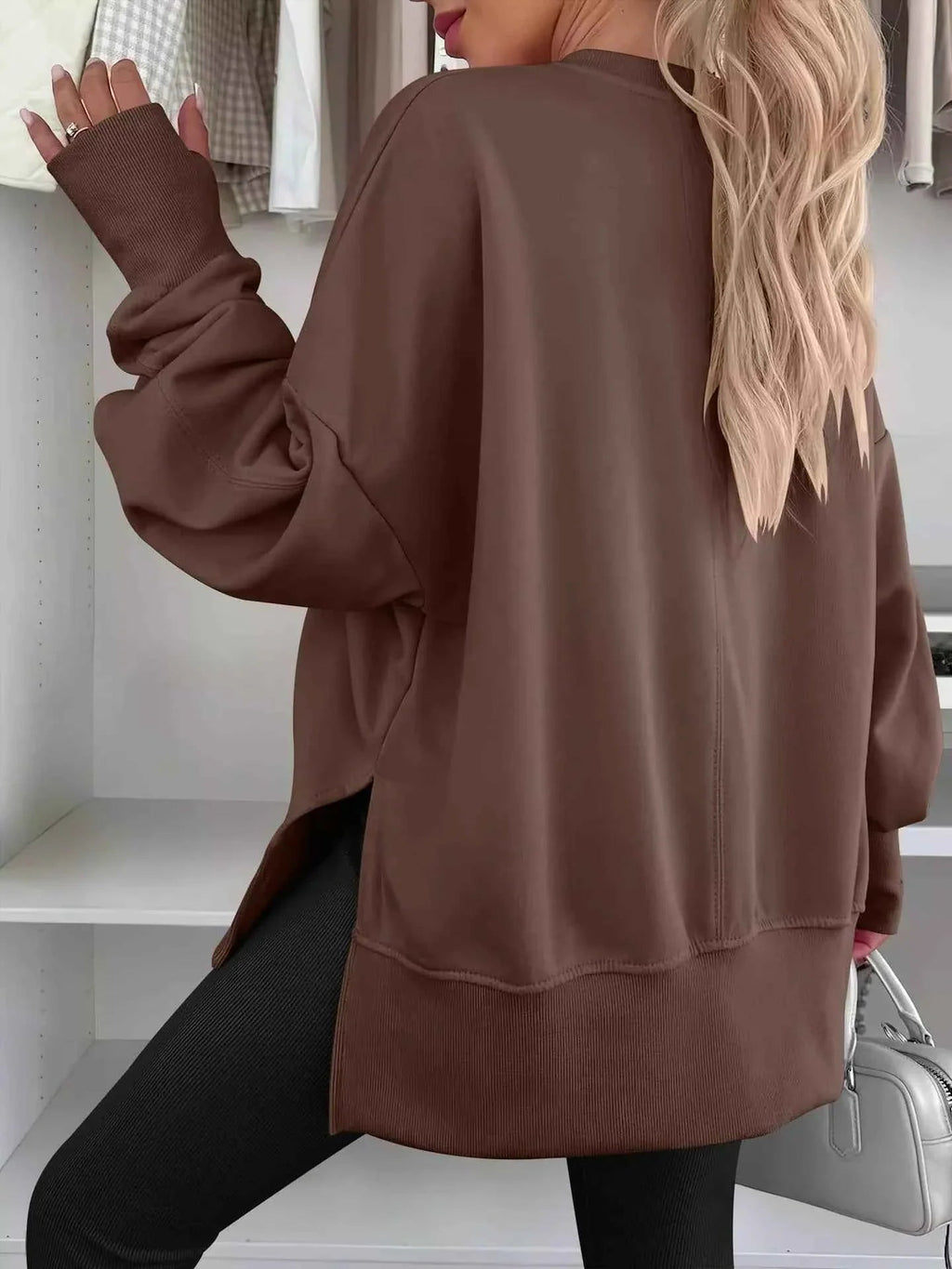 Side Slit Round Neck Long Sleeve Sweatshirt THRIXINE