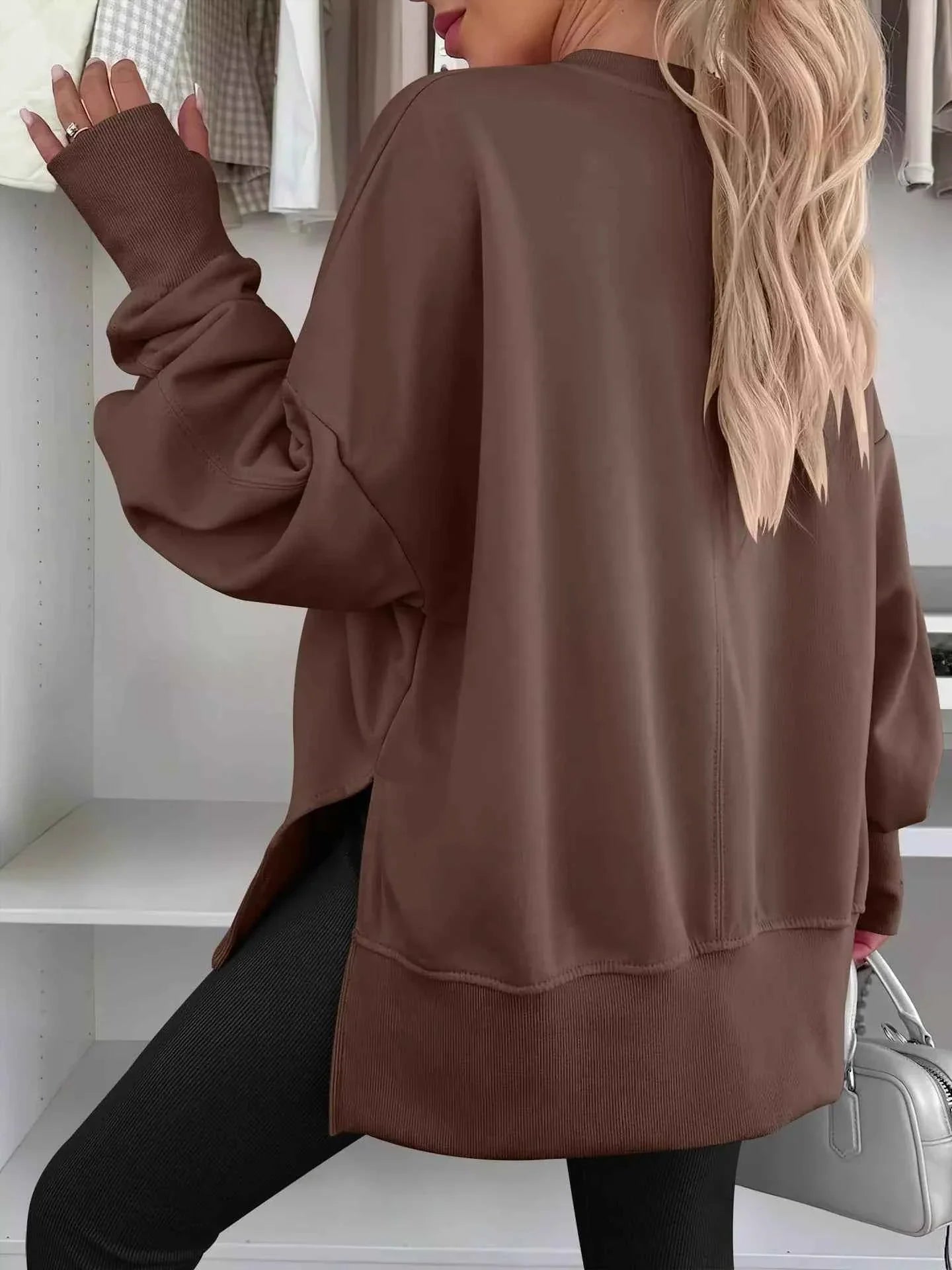 Side Slit Round Neck Long Sleeve Sweatshirt THRIXINE