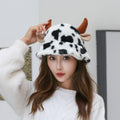 Cow Pattern Fisherman Hat With Cute Horn Winter Fashion Thickened Warm Plush Hat For Women Pi-Mart