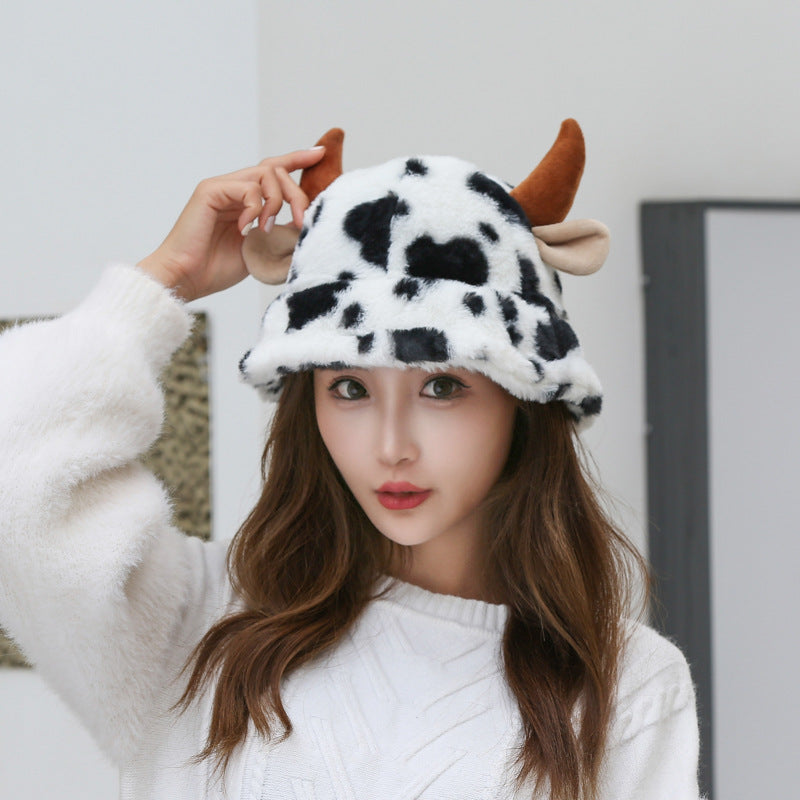 Cow Pattern Fisherman Hat With Cute Horn Winter Fashion Thickened Warm Plush Hat For Women Pi-Mart