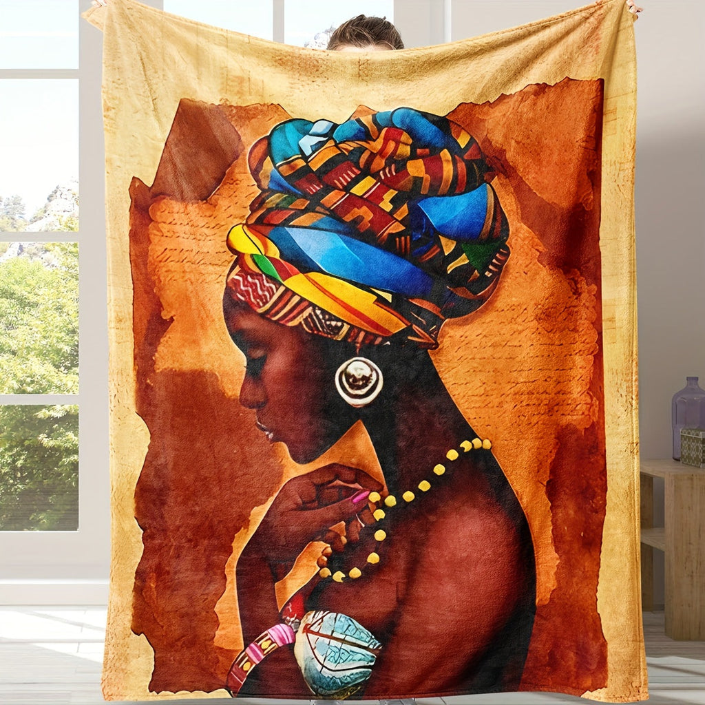1pc Soft & Warm Flannel Blanket - Vibrant African Woman Pattern, Multi-Purpose Throw Blanket for Couch, Sofa, Office, Bed, Camping, Travel - Cozy Gift for All Seasons, Indoor and Outdoor Use